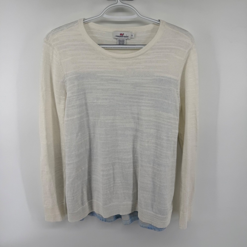 Vineyard Vines Womens Small Cream Cotton Knit Plaid Linen Back Sweater Preppy